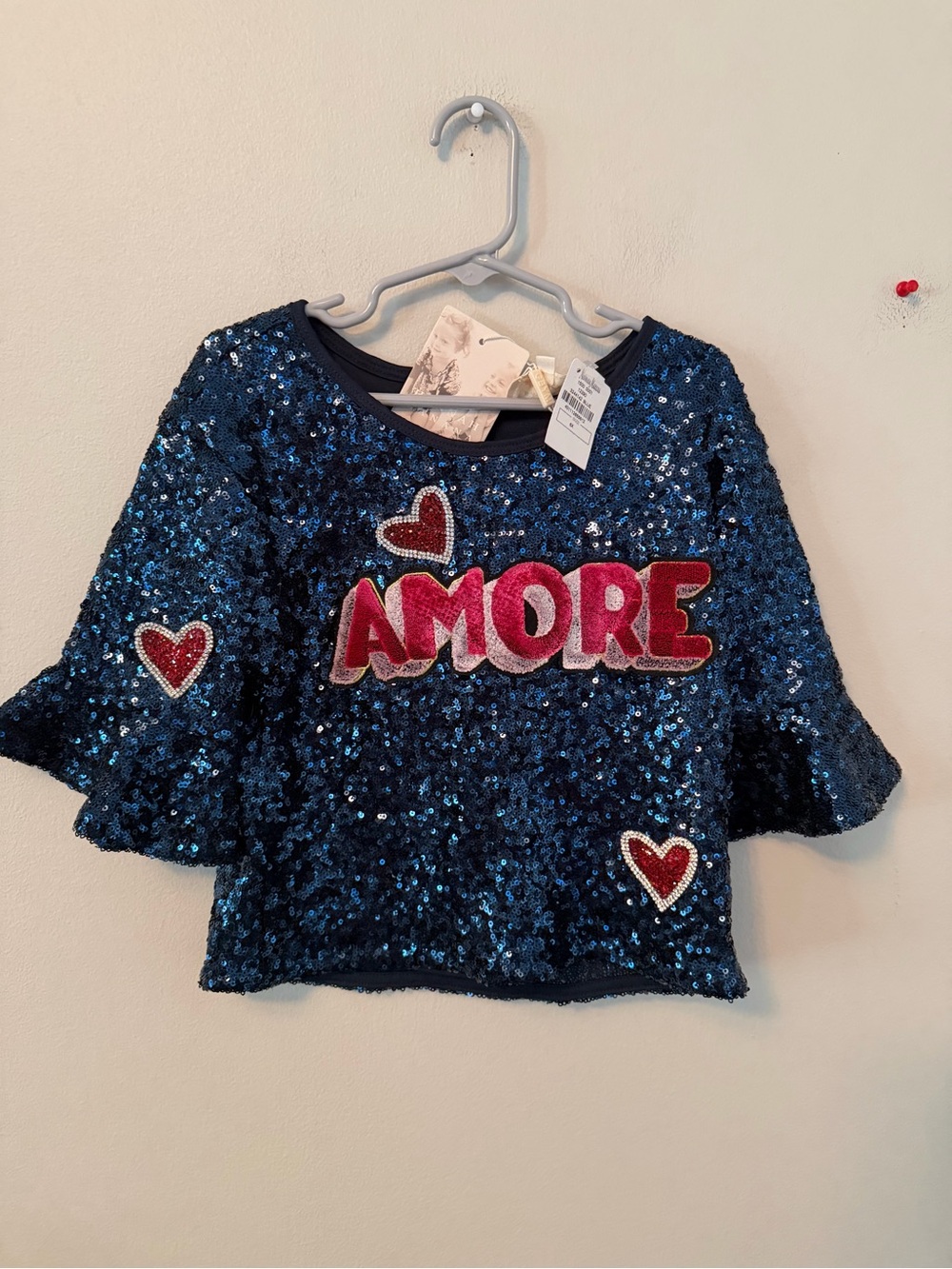 Hannah Banana Navy Sequin 'AMORE' Top with Heart Appliqués